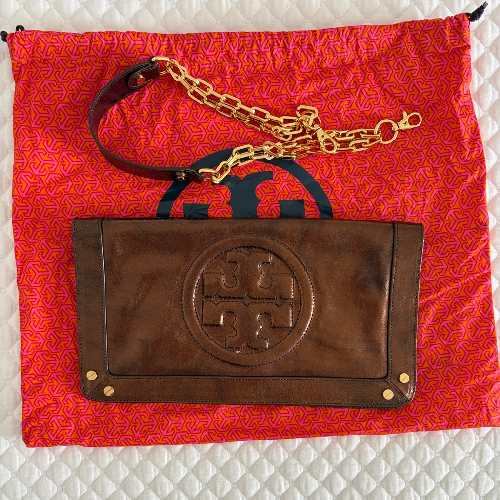 Tory Burch Brown Leather Logo Foldover Clutch With Gold Chain